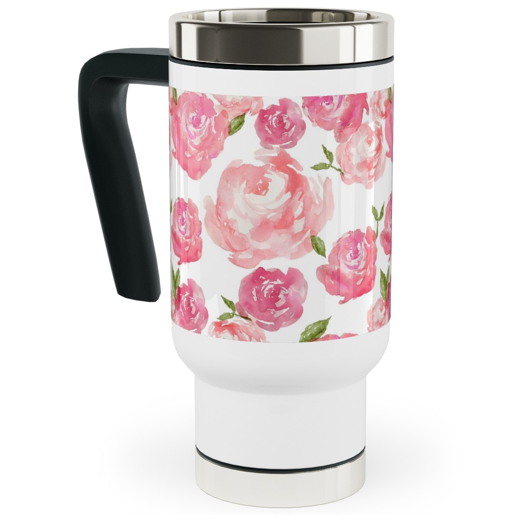 Watercolor Floral - Pink Travel Mug with Handle, 17oz, Pink