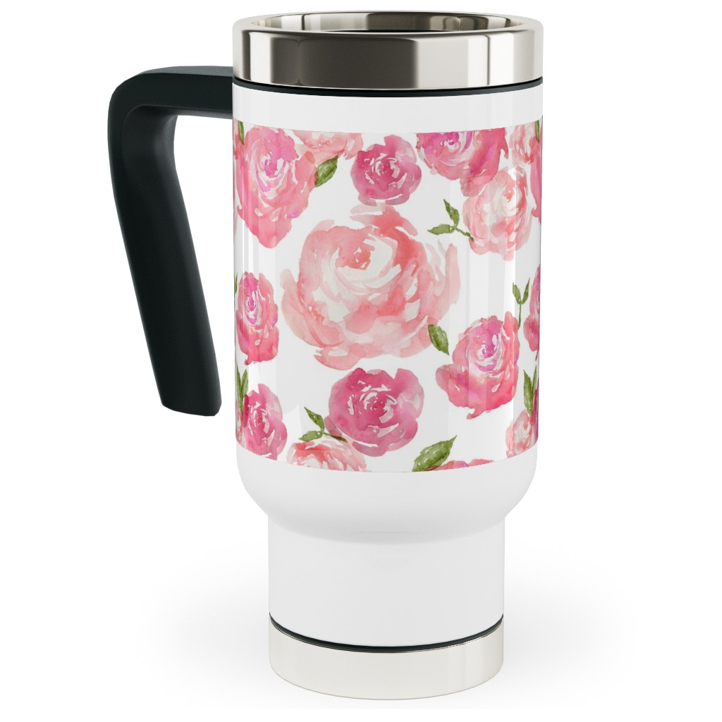 Watercolor Floral - Pink Travel Mug with Handle, 17oz, Pink, Bright Pink