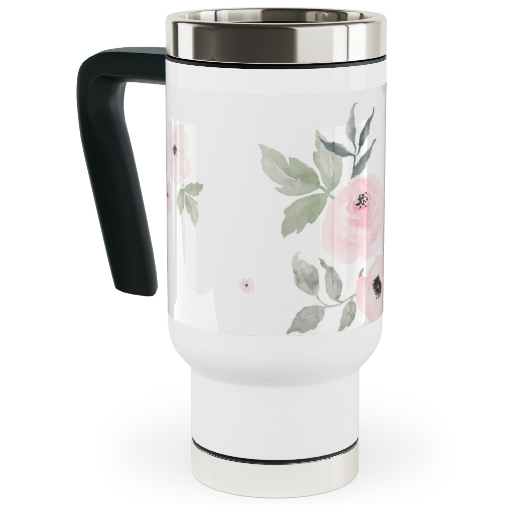 Sweet Blush Roses - Pink Travel Mug with Handle, 17oz, Pink, Bright Pink