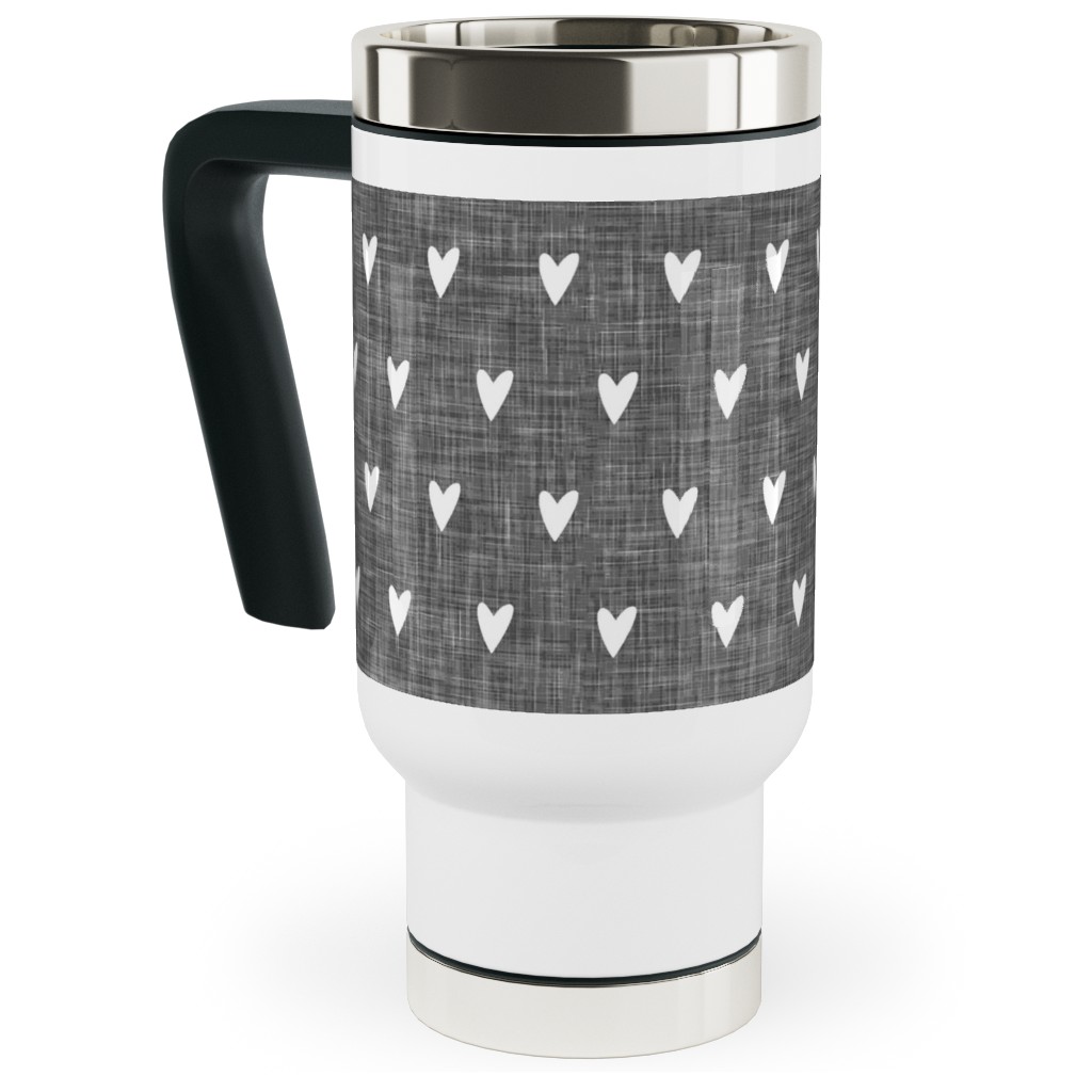 Hearts on Grey Linen Travel Mug with Handle, 17oz, Gray
