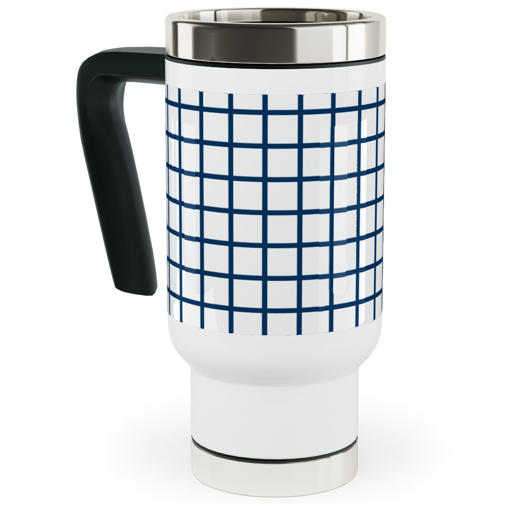 Grid - Navy and White Travel Mug with Handle, 17oz, Blue, True Blue