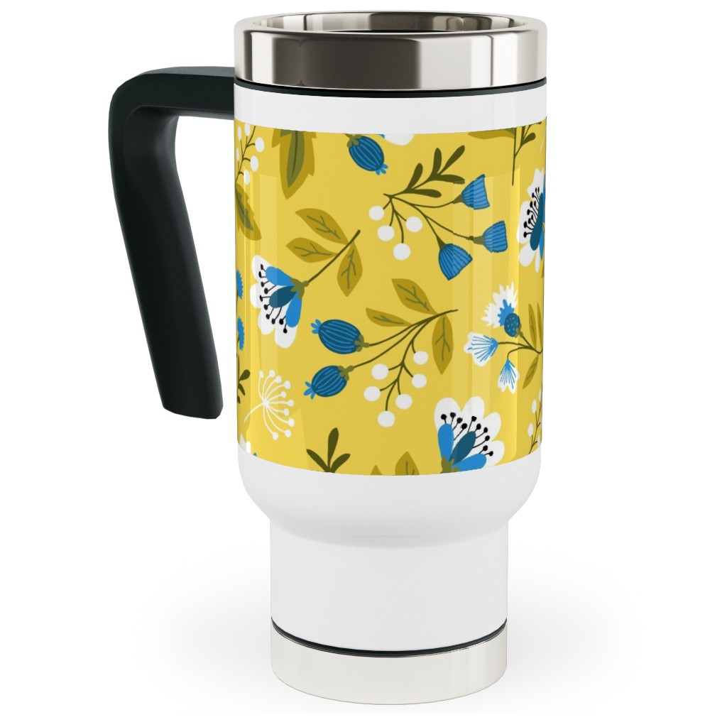 Colorful Spring Flowers - Blue on Yellow Travel Mug with Handle, 17oz, Yellow