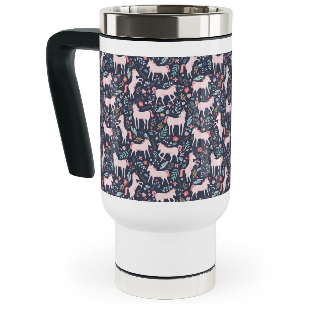 Pink Unicorn Fields - Dark Travel Mug with Handle, 17oz, Multicolor
