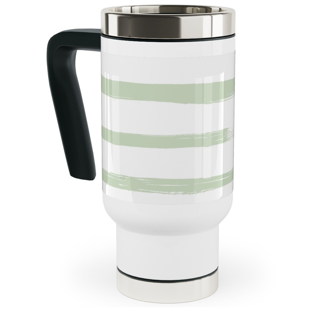Sage and White Stripes Travel Mug with Handle, 17oz, Green, Classic Green