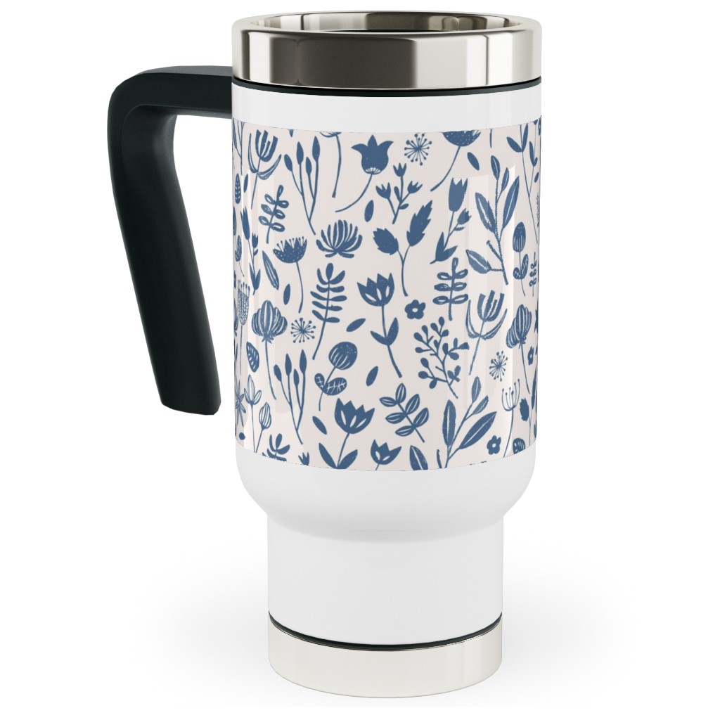 Folk Botanical Print - Blue Travel Mug with Handle, 17oz, Blue, True Blue