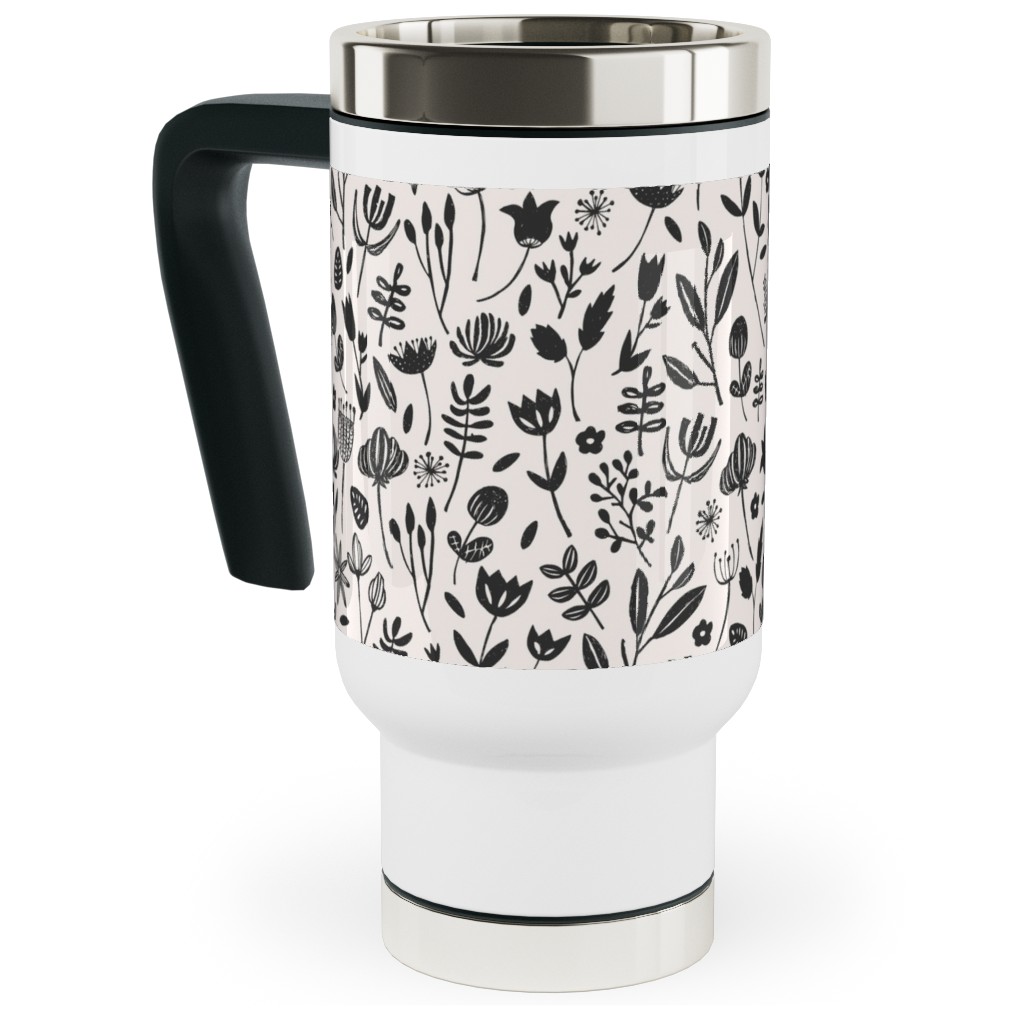 Folk Botanical Print - Neutral Travel Mug with Handle, 17oz, Beige