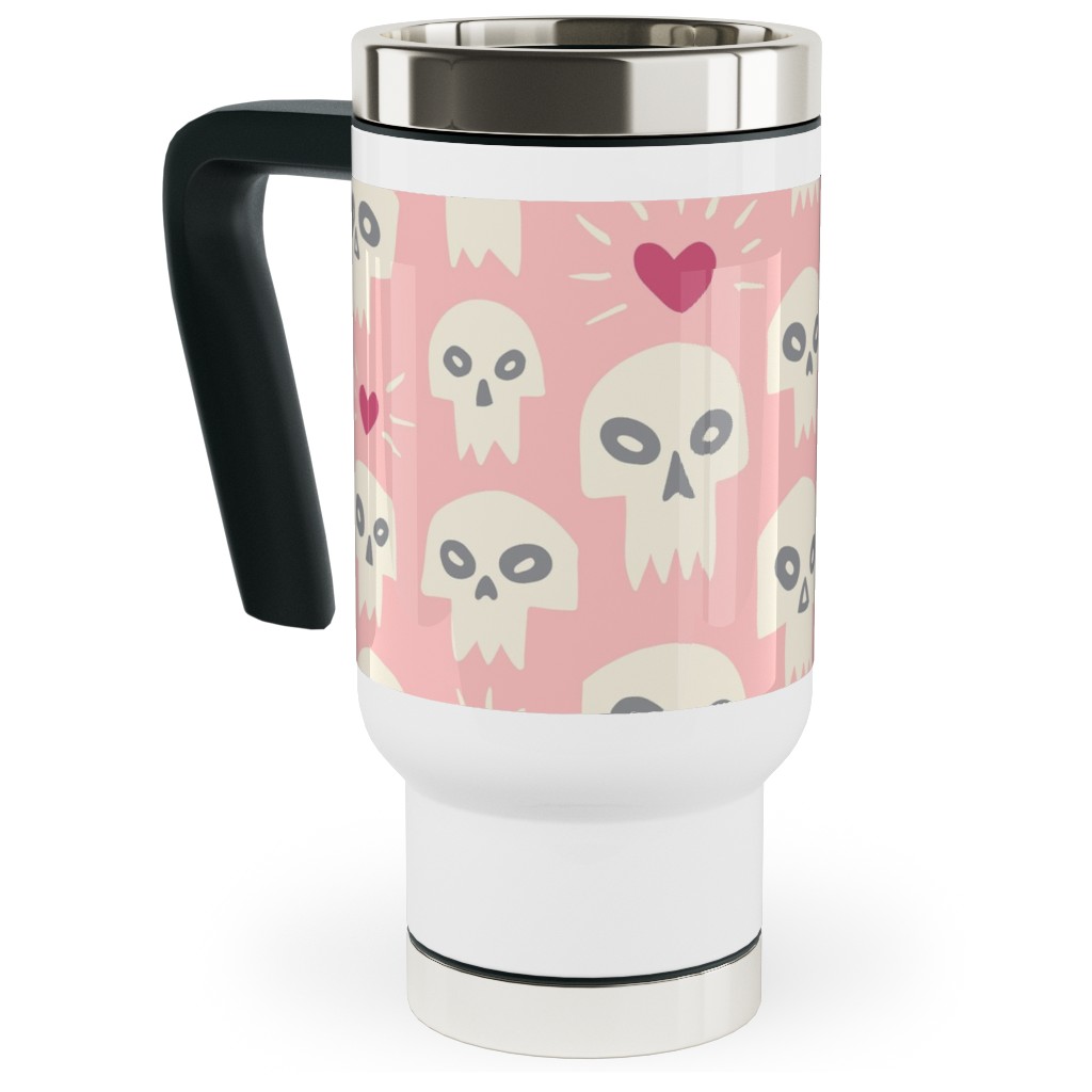Skulls With Hearts - Pink Travel Mug with Handle, 17oz, Pink, Bright Pink