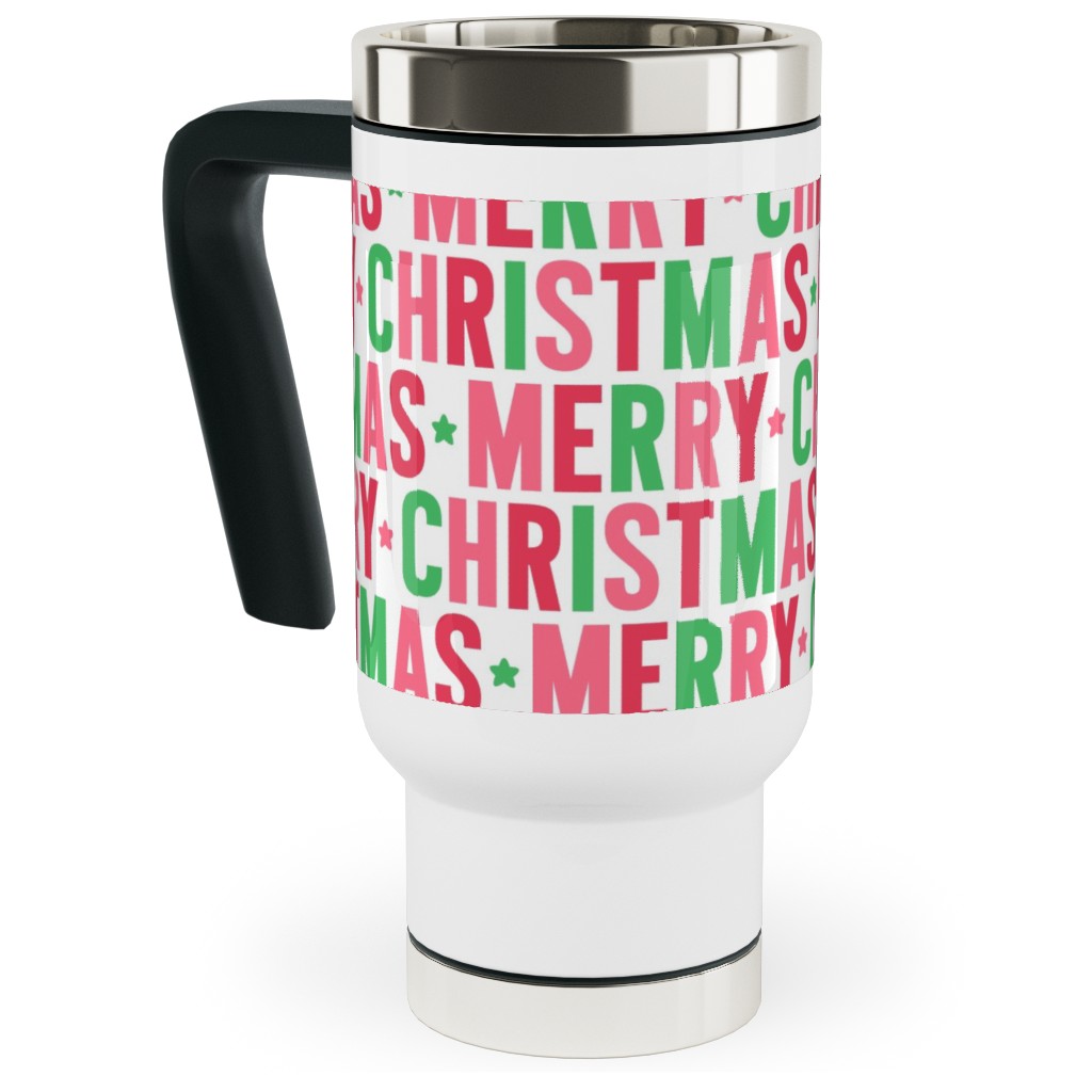 Merry Christmas Uppercase - Green, Pink, Red Travel Mug with Handle, 17oz, Multicolor
