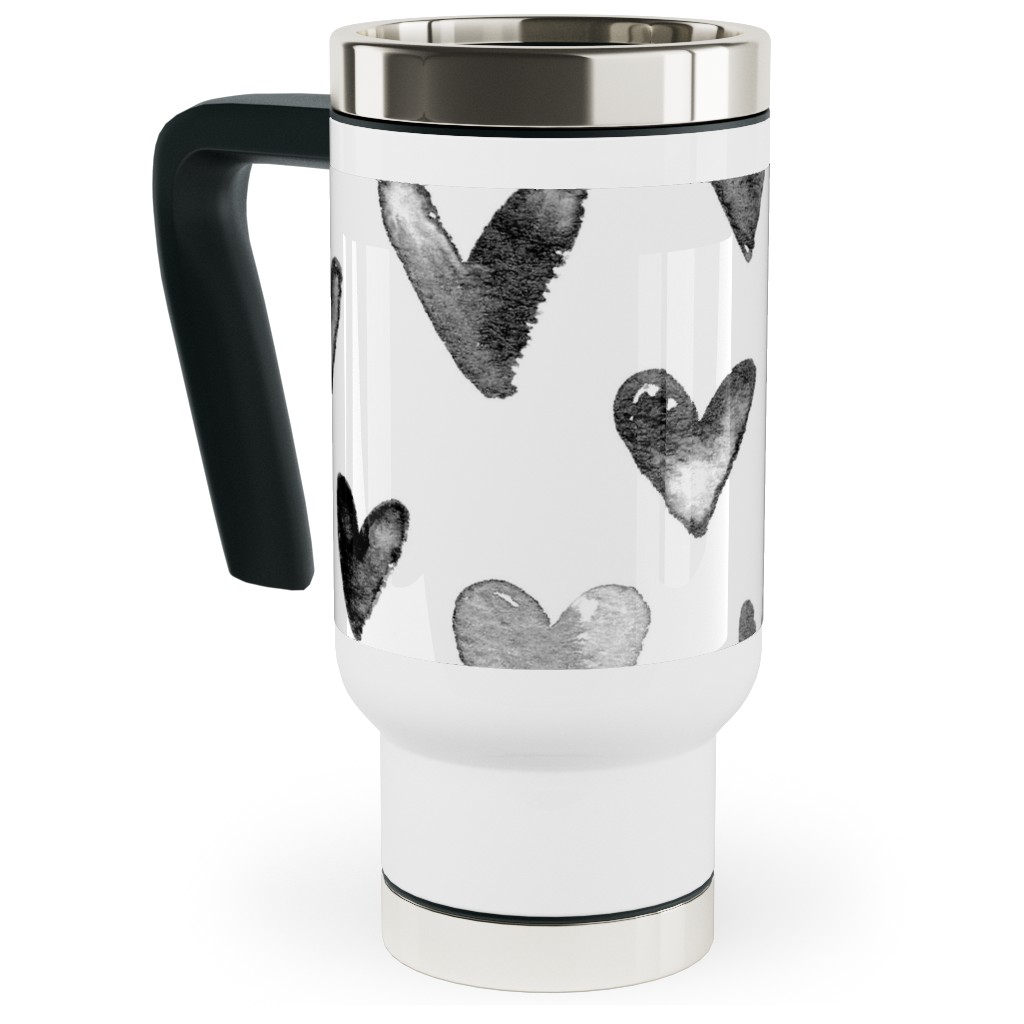 Watercolor Hearts - Black and White Travel Mug with Handle, 17oz, Black