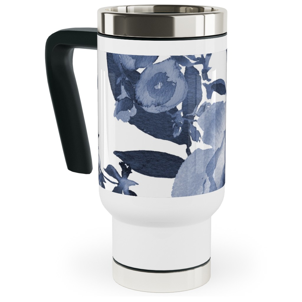 Blue and White Florals - Indigo Travel Mug with Handle, 17oz, Blue