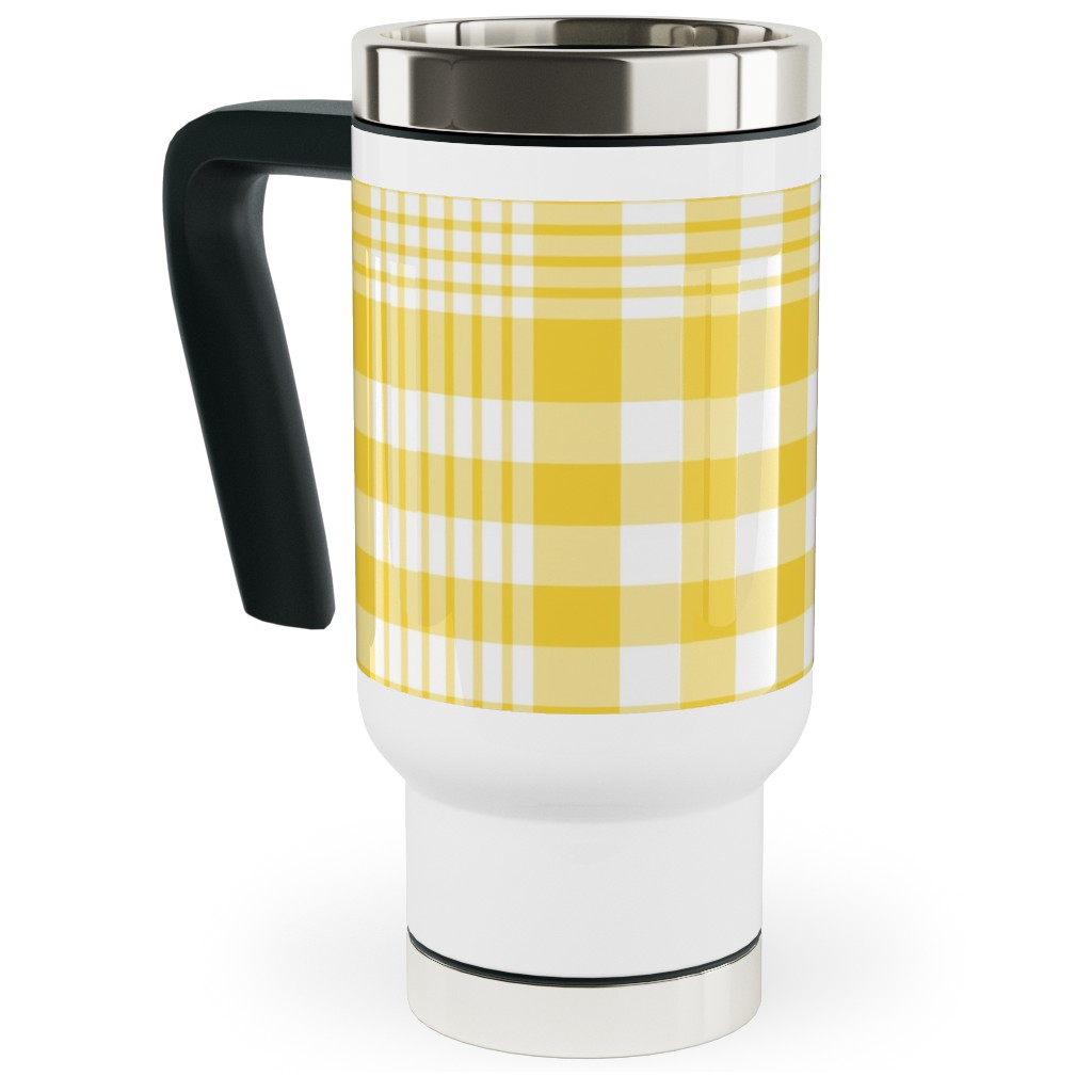 Plaid Pattern Travel Mug with Handle, 17oz, Yellow