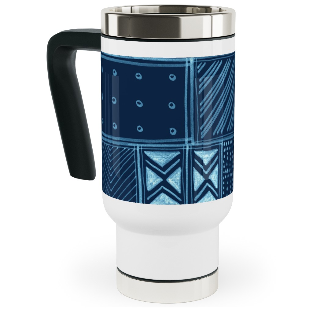 African Tribal Mud Cloth - Indigo Travel Mug with Handle, 17oz, Blue, True Blue
