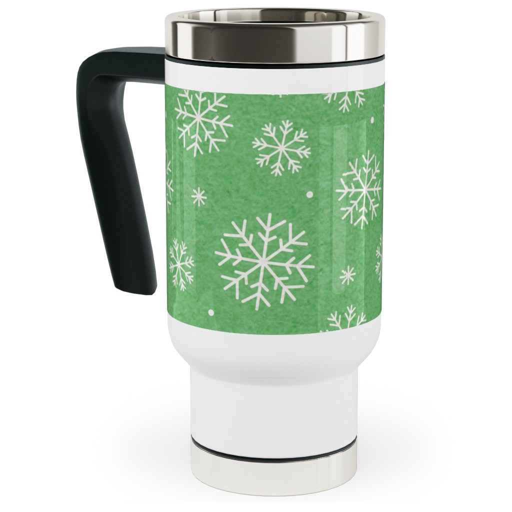 Snowflakes on Mottled Green Travel Mug with Handle, 17oz, Green, Classic Green