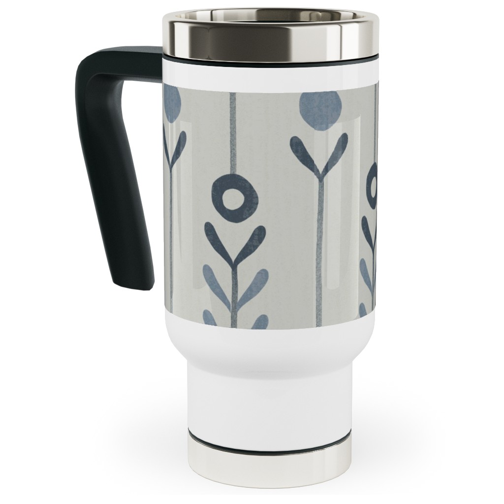 Farmhouse Flowers - Line Art Travel Mug with Handle, 17oz, Blue