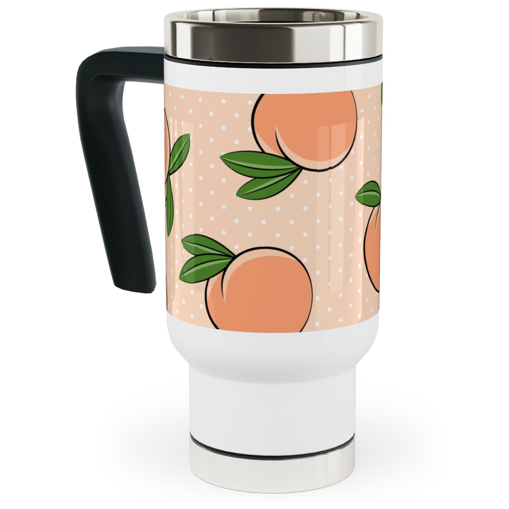 Peachy Polka Dots - Peach Travel Mug with Handle, 17oz, Orange