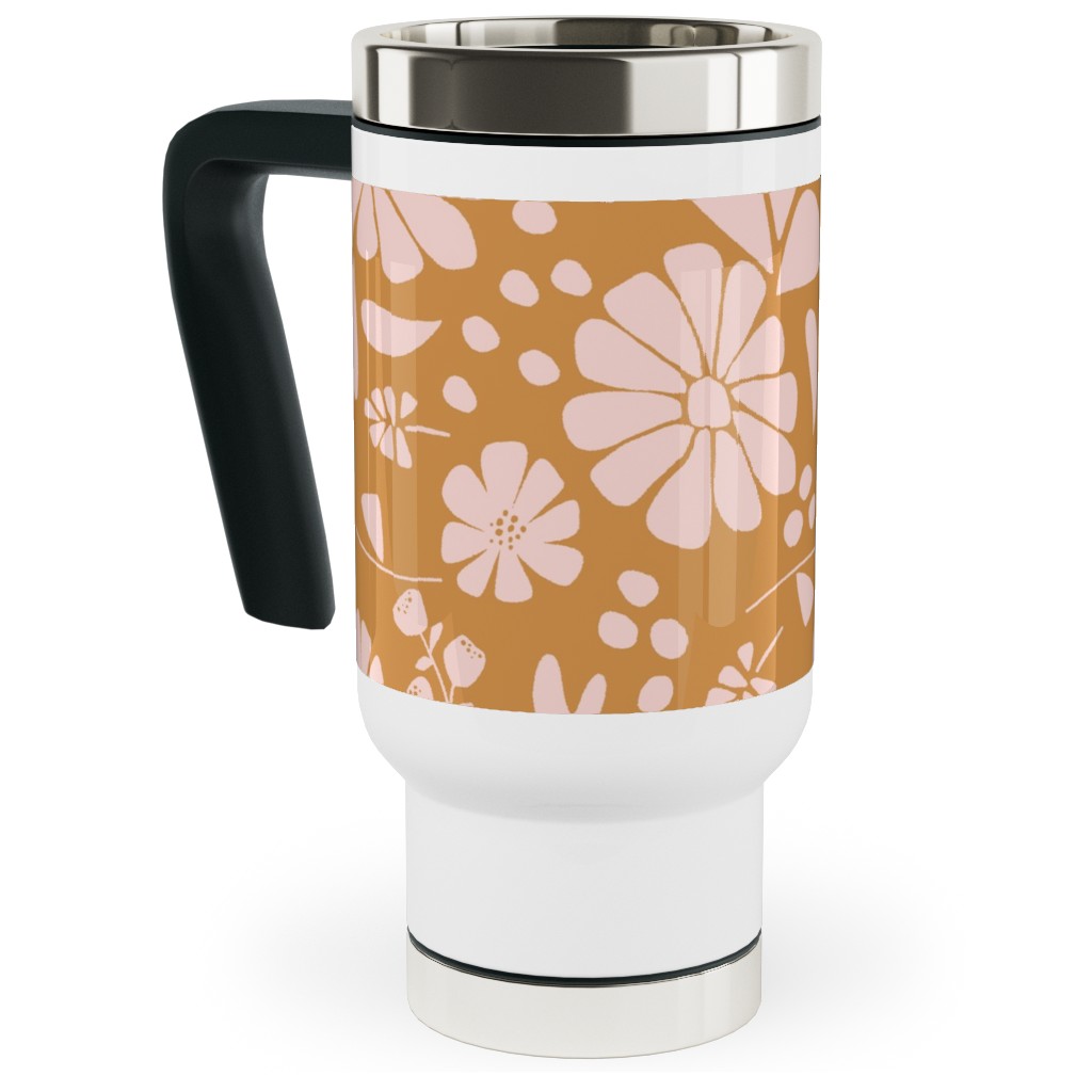 Jungle Floral - Orange and Pink Travel Mug with Handle, 17oz, Orange, Orange