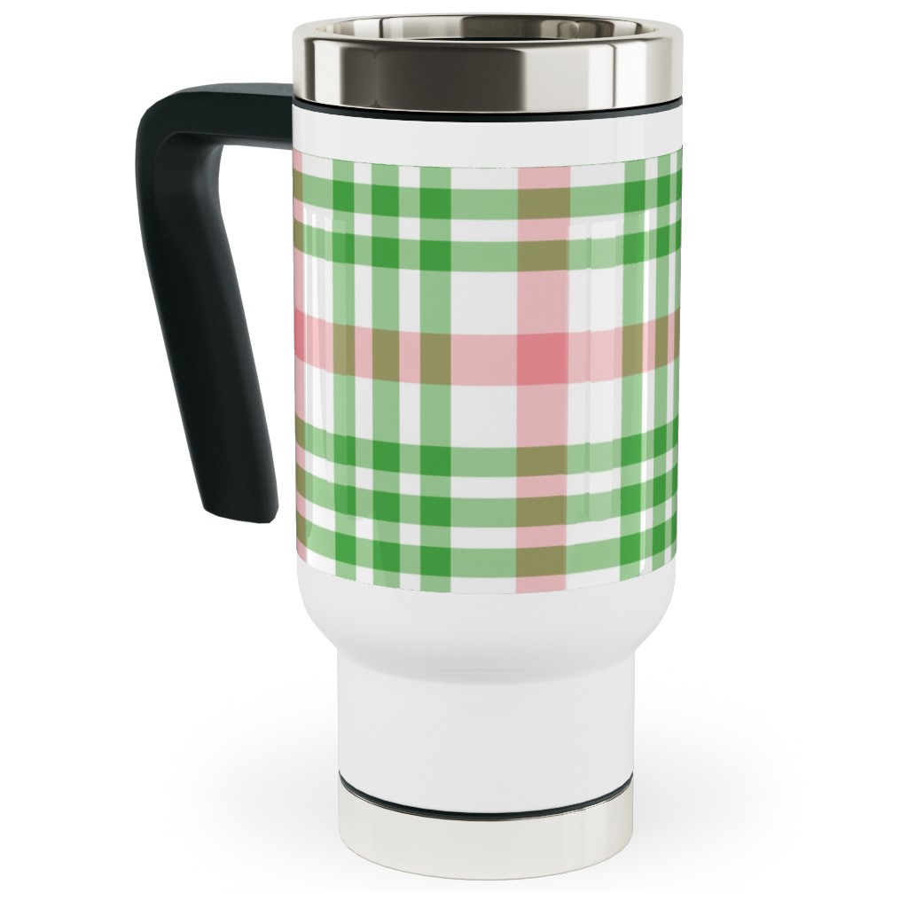 Pink, Green, and White Plaid Travel Mug with Handle, 17oz, Green