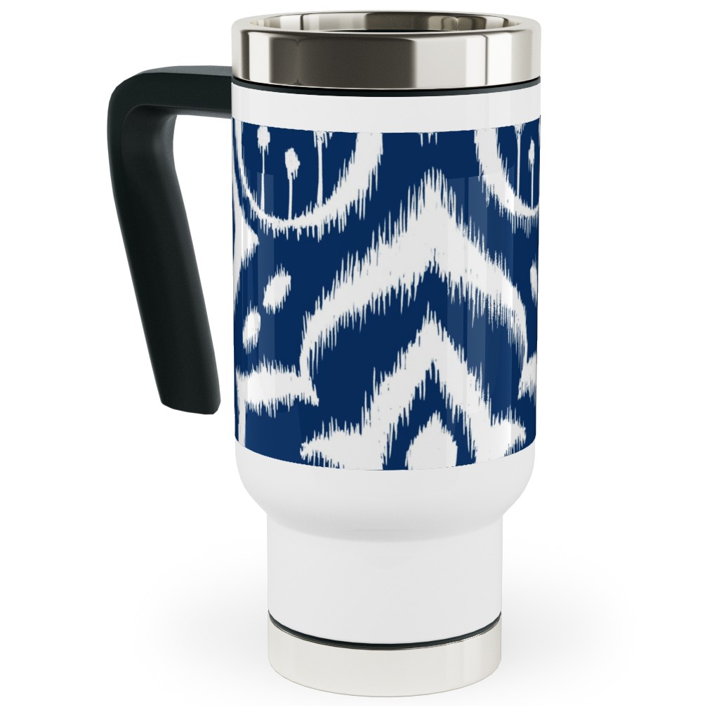 Ikat Damask - Midnight Navy Travel Mug with Handle, 17oz, Blue