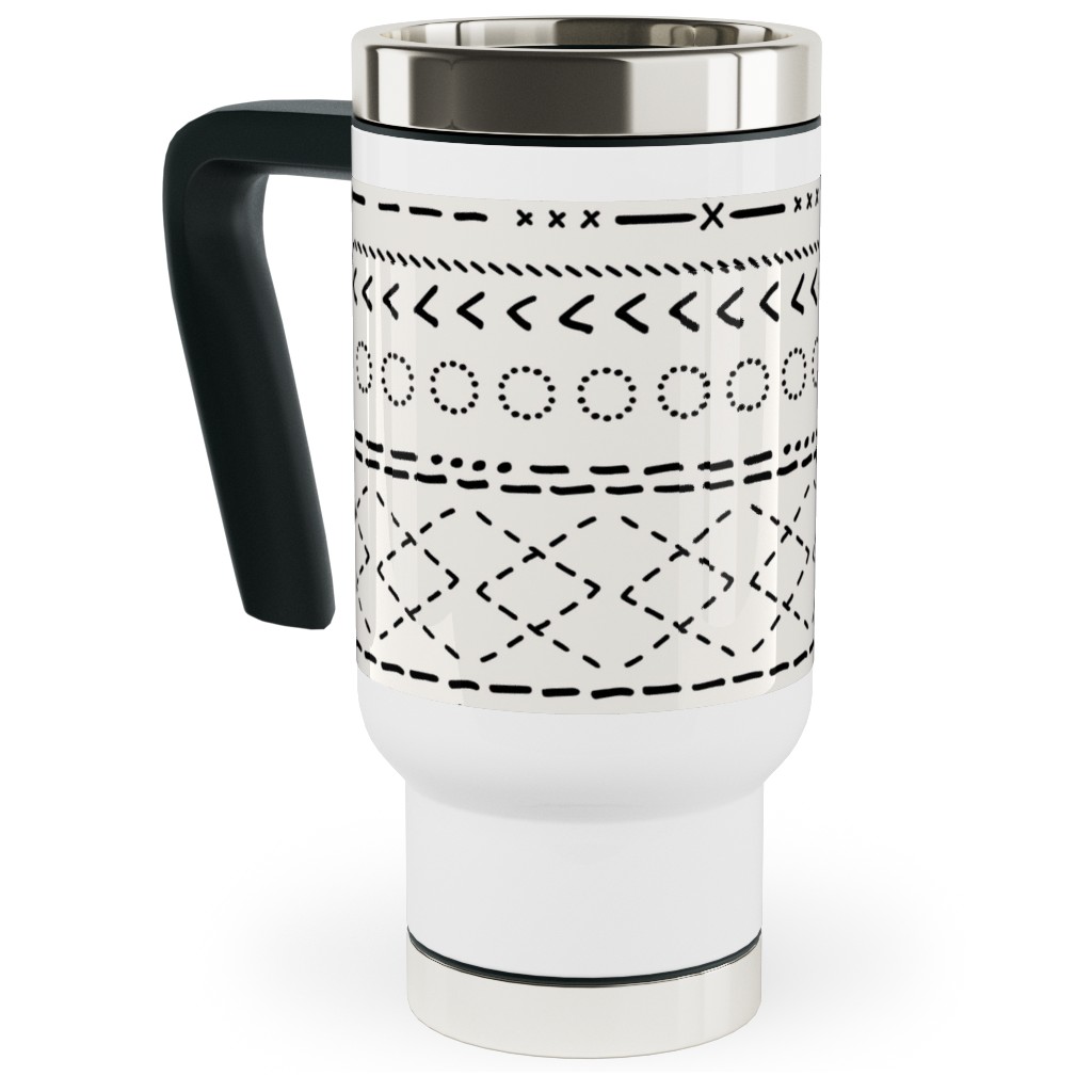 Minimal Mudcloth Bohemian - Light Travel Mug with Handle, 17oz, Beige, Pearl