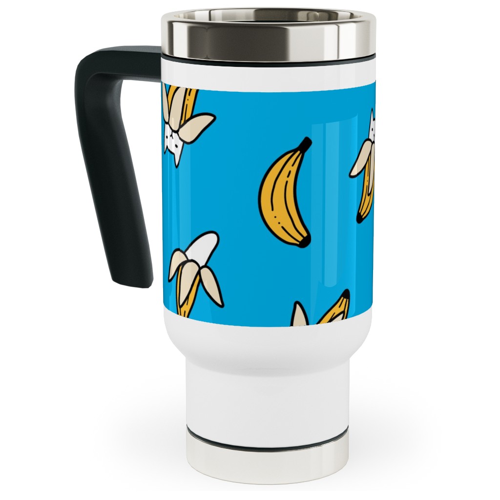 Funny Yummy Banana Cats - Blue Travel Mug with Handle, 17oz, Blue