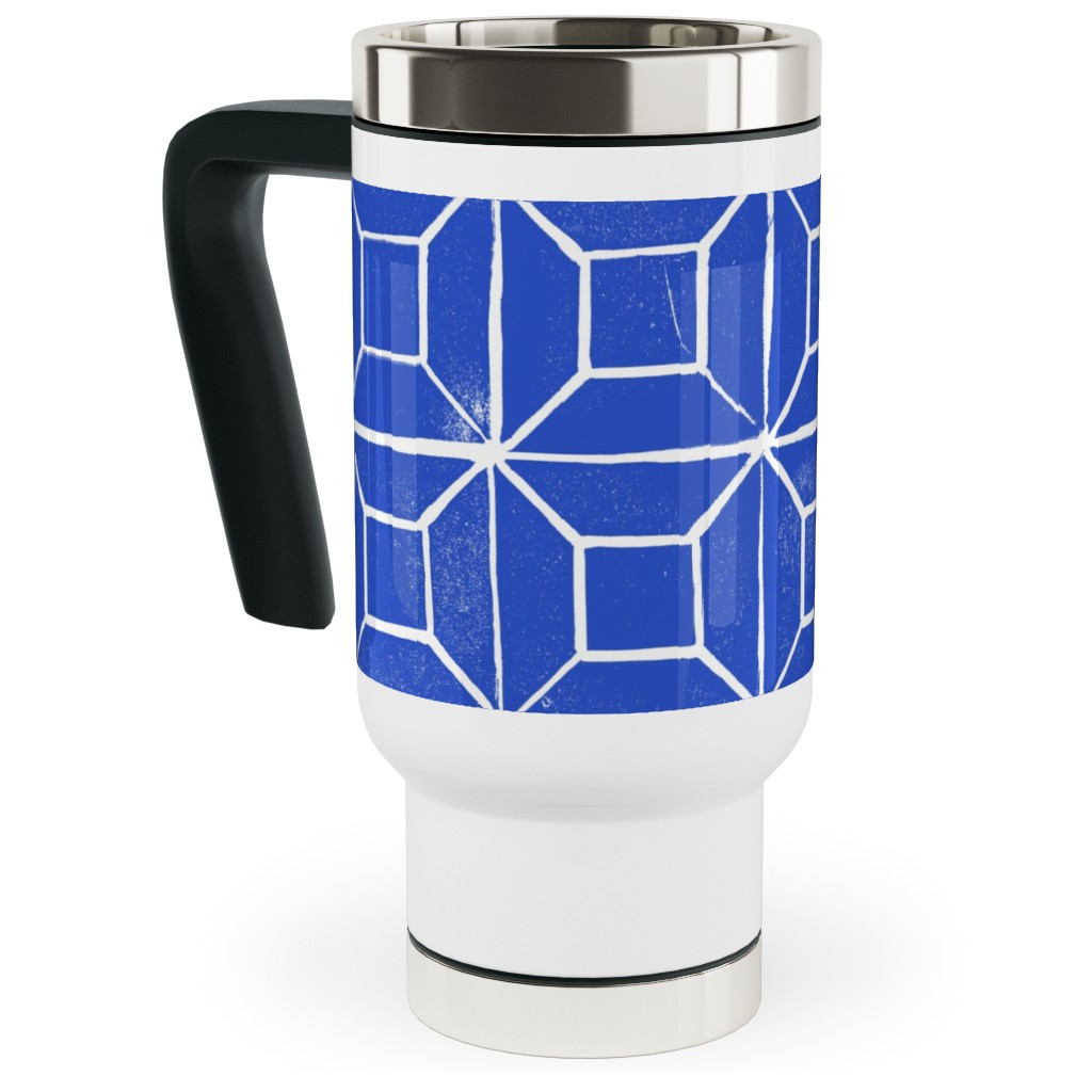 Geometric Lino - Cobalt Travel Mug with Handle, 17oz, Blue, True Blue