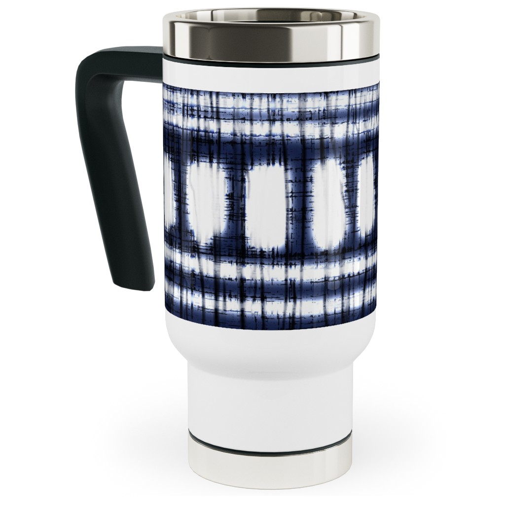 Shibori - Organic and Loose Lines and Dots Travel Mug with Handle, 17oz, Blue