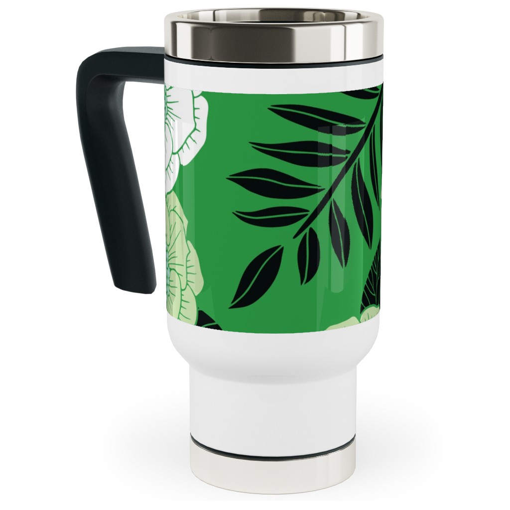 Green, Black & White Floral Pattern Travel Mug with Handle, 17oz, Green