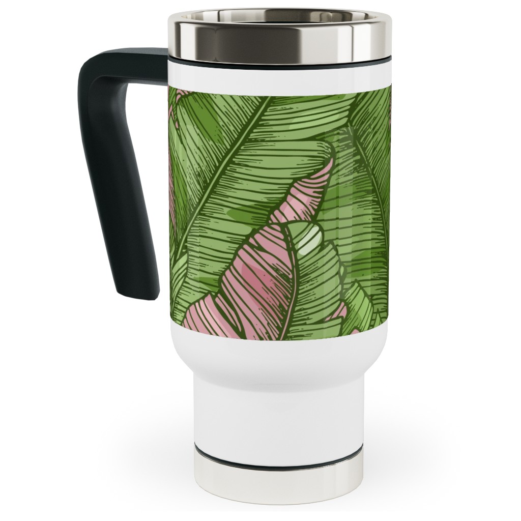 Banana Leaf - Pink Travel Mug with Handle, 17oz, Green