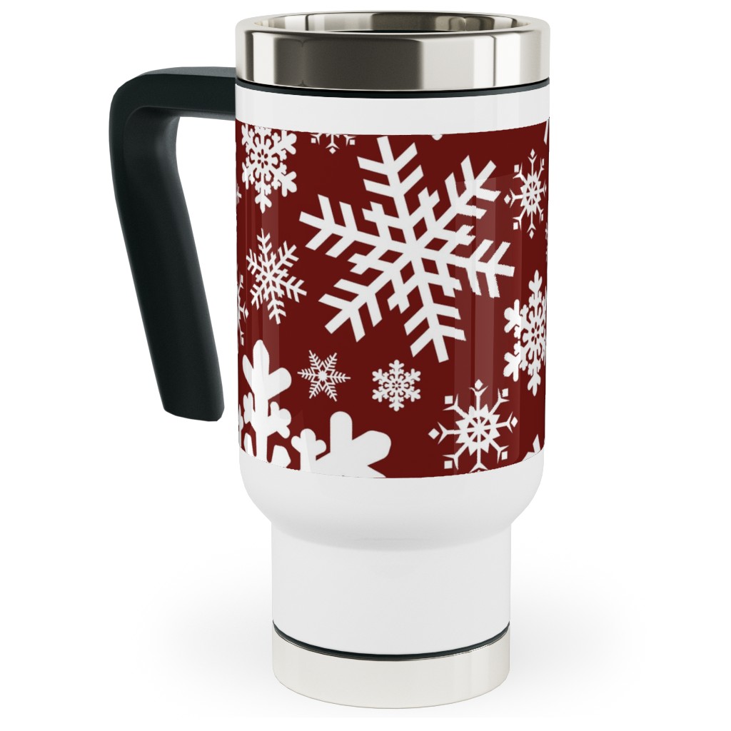 Christmas White Snowflakes on Red Background Travel Mug with Handle, 17oz, Red