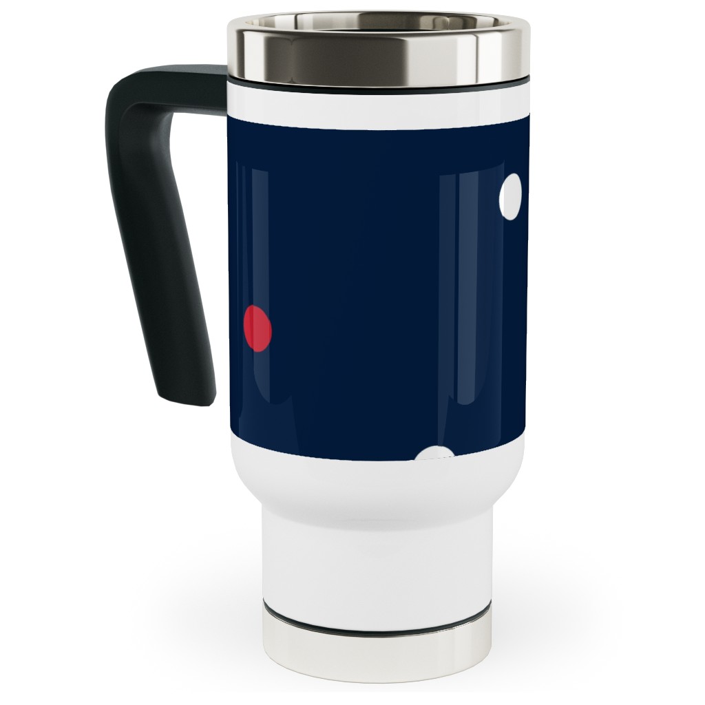 Mixed Polka Dots - Red White and Royal on Navy Blue Travel Mug with Handle, 17oz, Blue