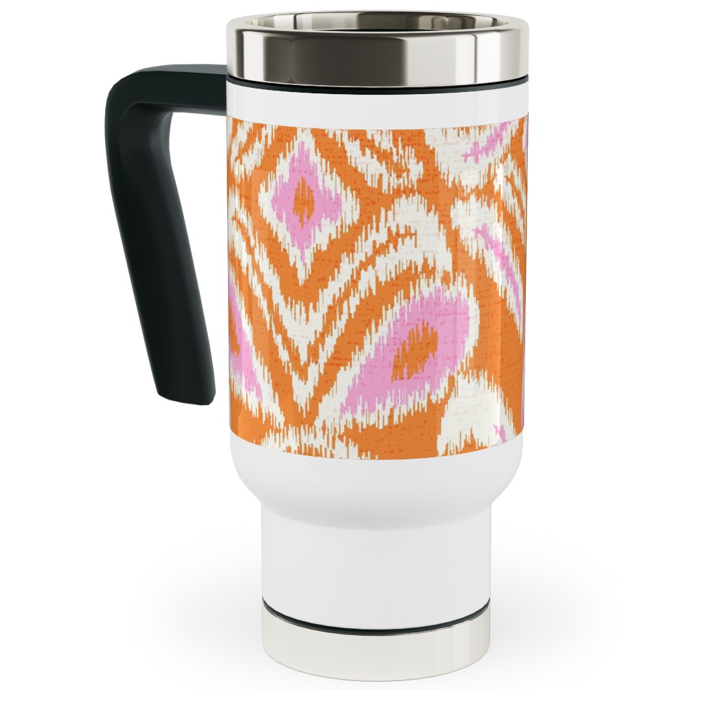 Ikat Flower - Orange and Pink Travel Mug with Handle, 17oz, Orange