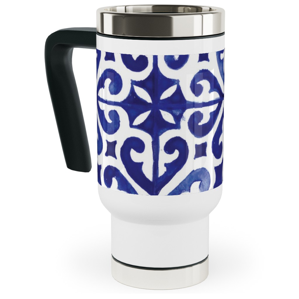 Lisbon Tiles Watercolor - Blue Travel Mug with Handle, 17oz, Blue, True Blue