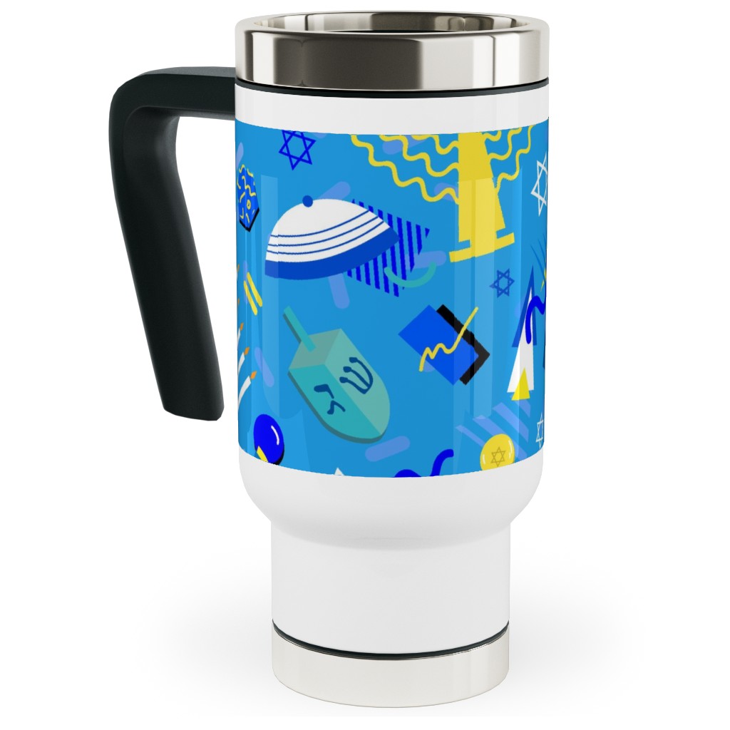 80s Hanukkah Celebration - Blue Travel Mug with Handle, 17oz, Blue