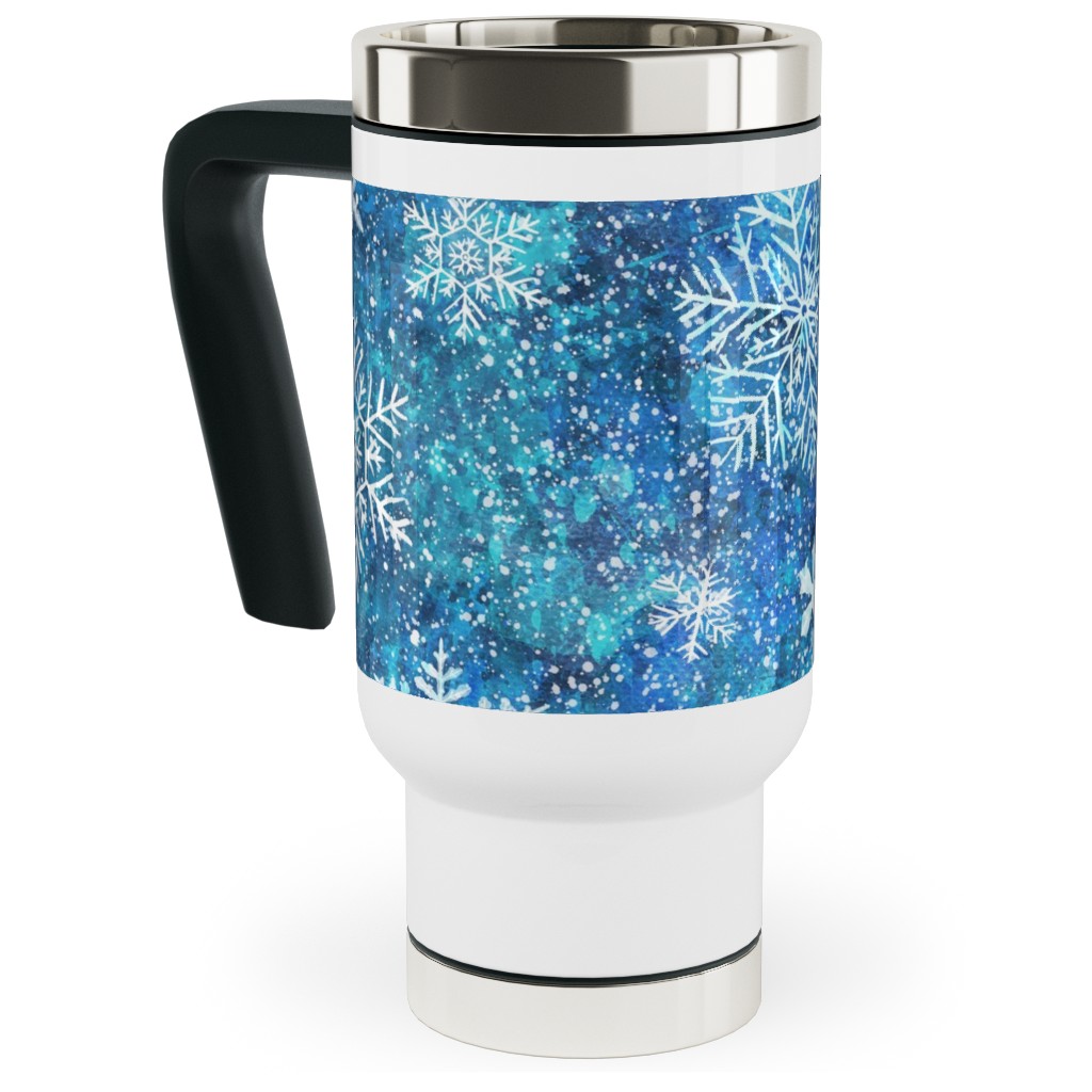 Whinsical Snowflakes Handpainted With Watercolors - Blue Travel Mug with Handle, 17oz, Blue, True Blue