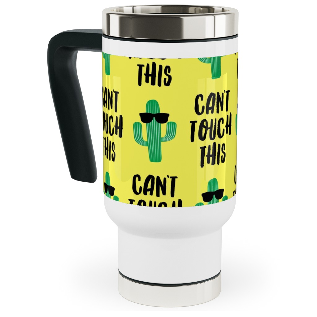 Can't Touch This - Cactus With Sunnies - Yellow Travel Mug with Handle, 17oz, Yellow, Classic Yellow