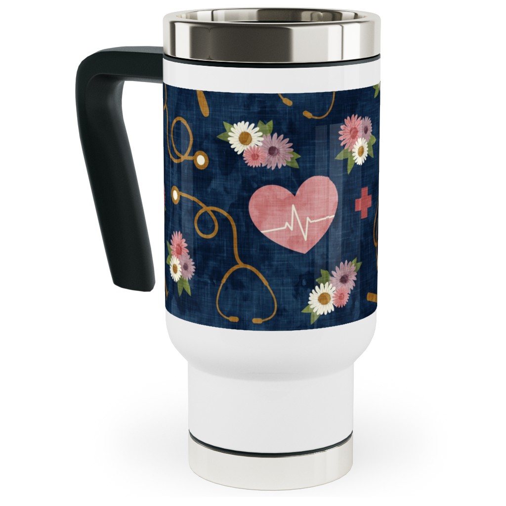Floral Nurse Melody - Nursing - Blue Travel Mug with Handle, 17oz, Pink