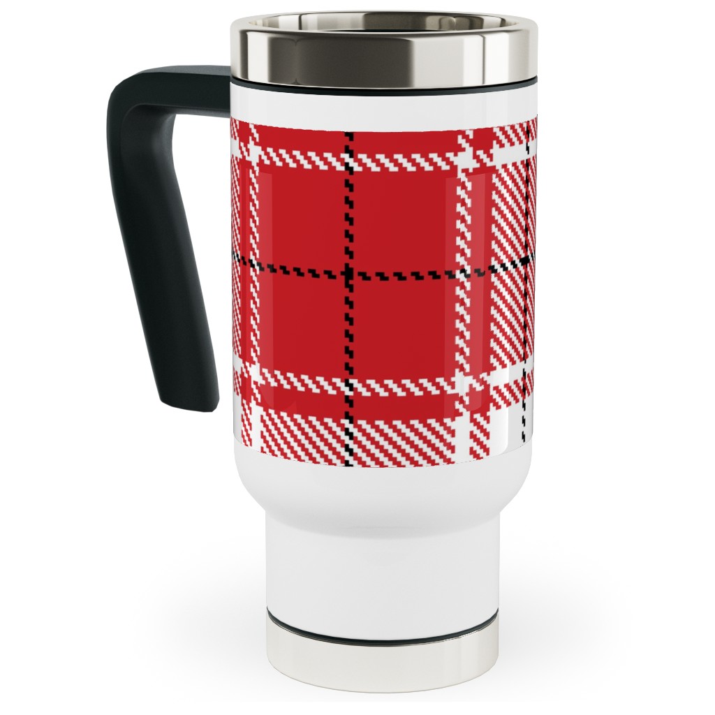 Tartan - White and Red Travel Mug with Handle, 17oz, Red