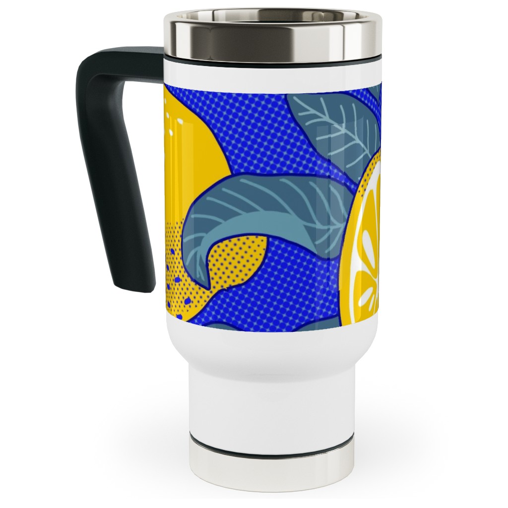 Lemons Pop Art - Blue and Yellow Travel Mug with Handle, 17oz, Yellow