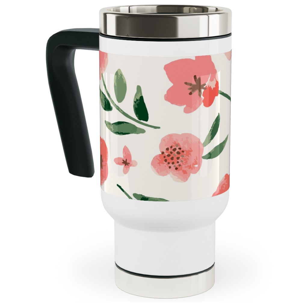 Scattered Watercolor Spring Flowers Travel Mug with Handle, 17oz, Pink, Bright Pink