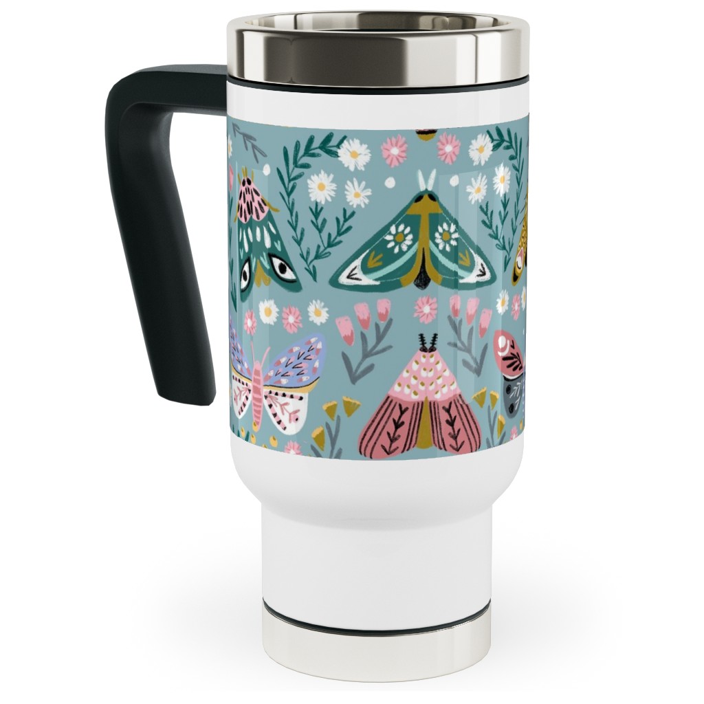 Spring Floral and Butterflies - Blue Travel Mug with Handle, 17oz, Multicolor