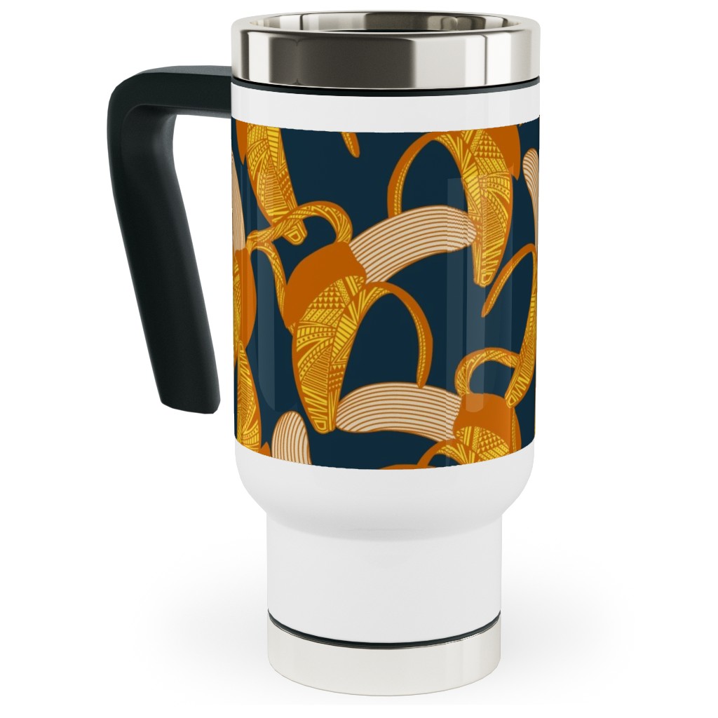 Peeled Banana - Yellow on Navy Travel Mug with Handle, 17oz, Yellow, Classic Yellow
