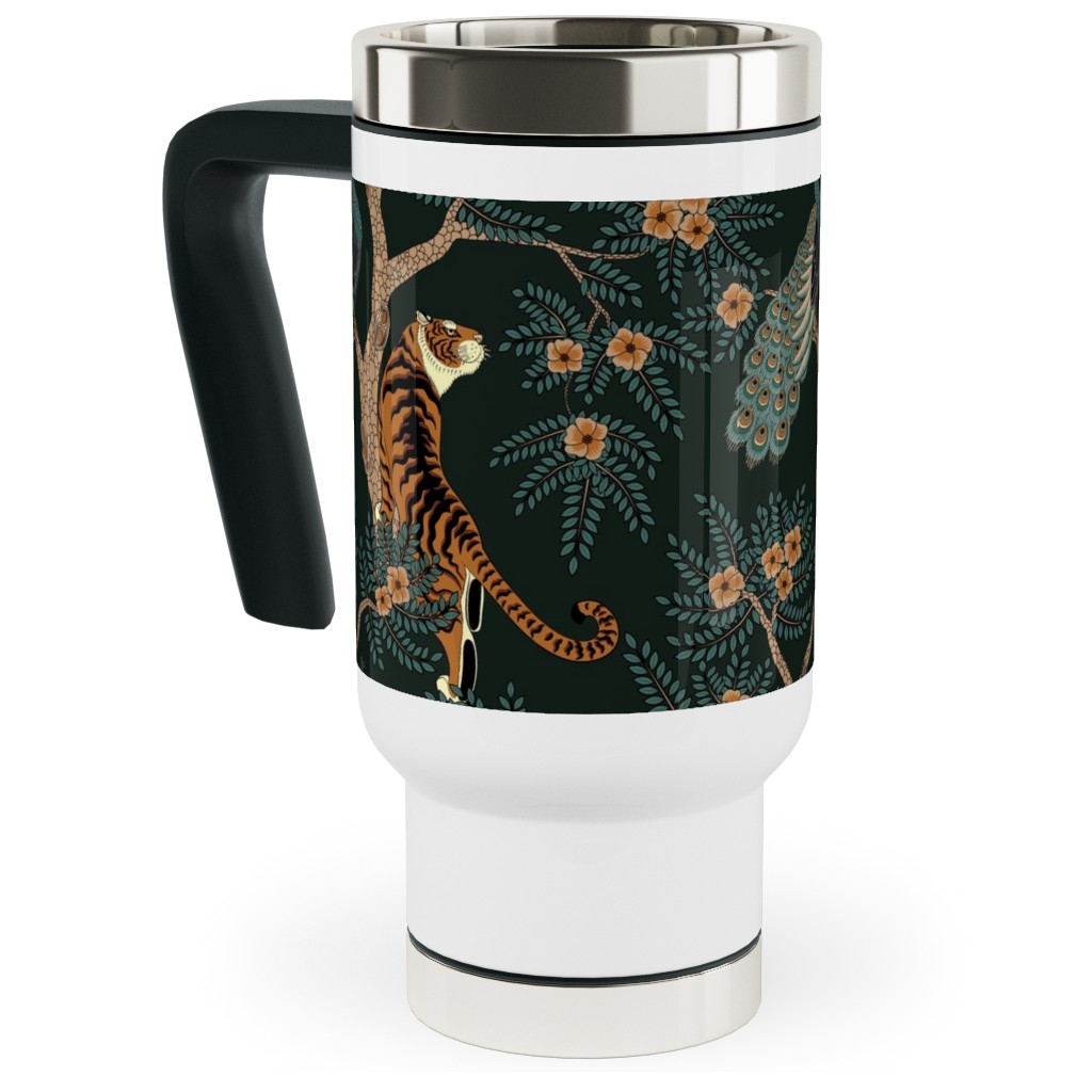Tiger and Peacock - Black Travel Mug with Handle, 17oz, Black, Black