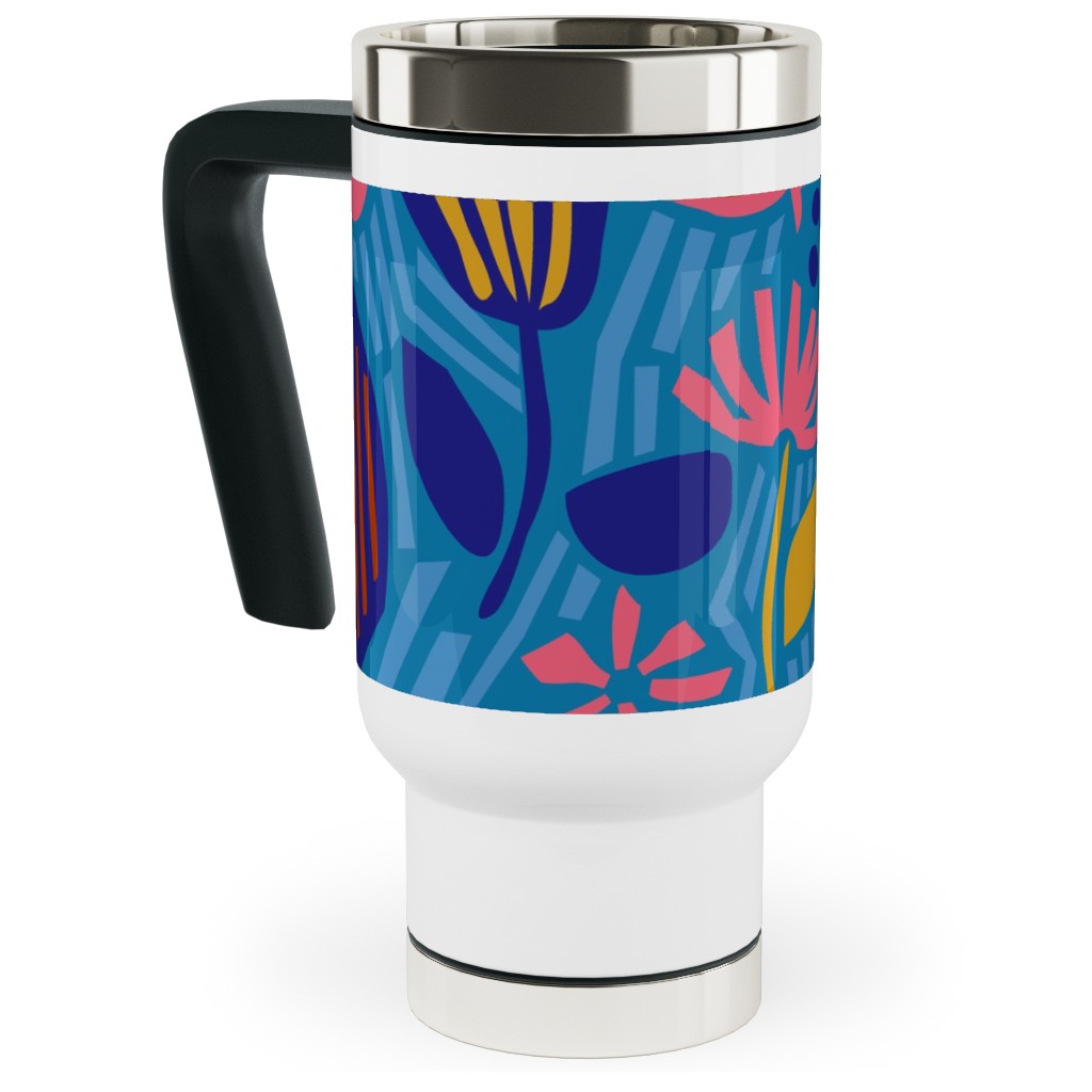Paper Cut Floral Garden Travel Mug with Handle, 17oz, Multicolor, Blue Suede