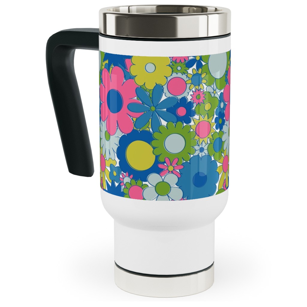Funky Daisy Floral - Neon Travel Mug with Handle, 17oz, Multicolor