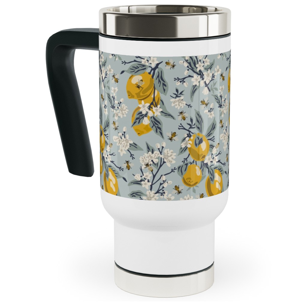 Bees & Lemons - Blue Travel Mug with Handle, 17oz, Blue