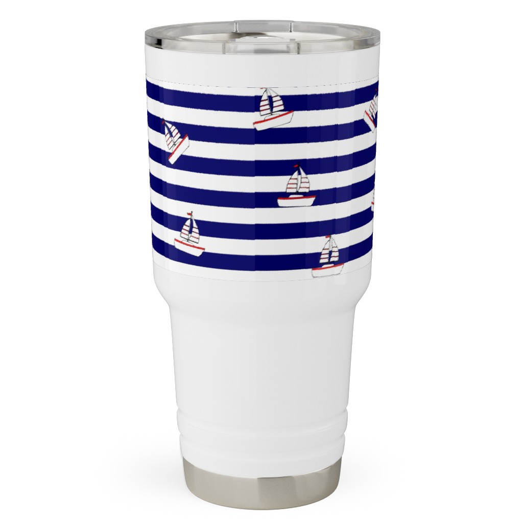 Sea and Boats Stripes - Blue Travel Tumbler, 30oz, Blue