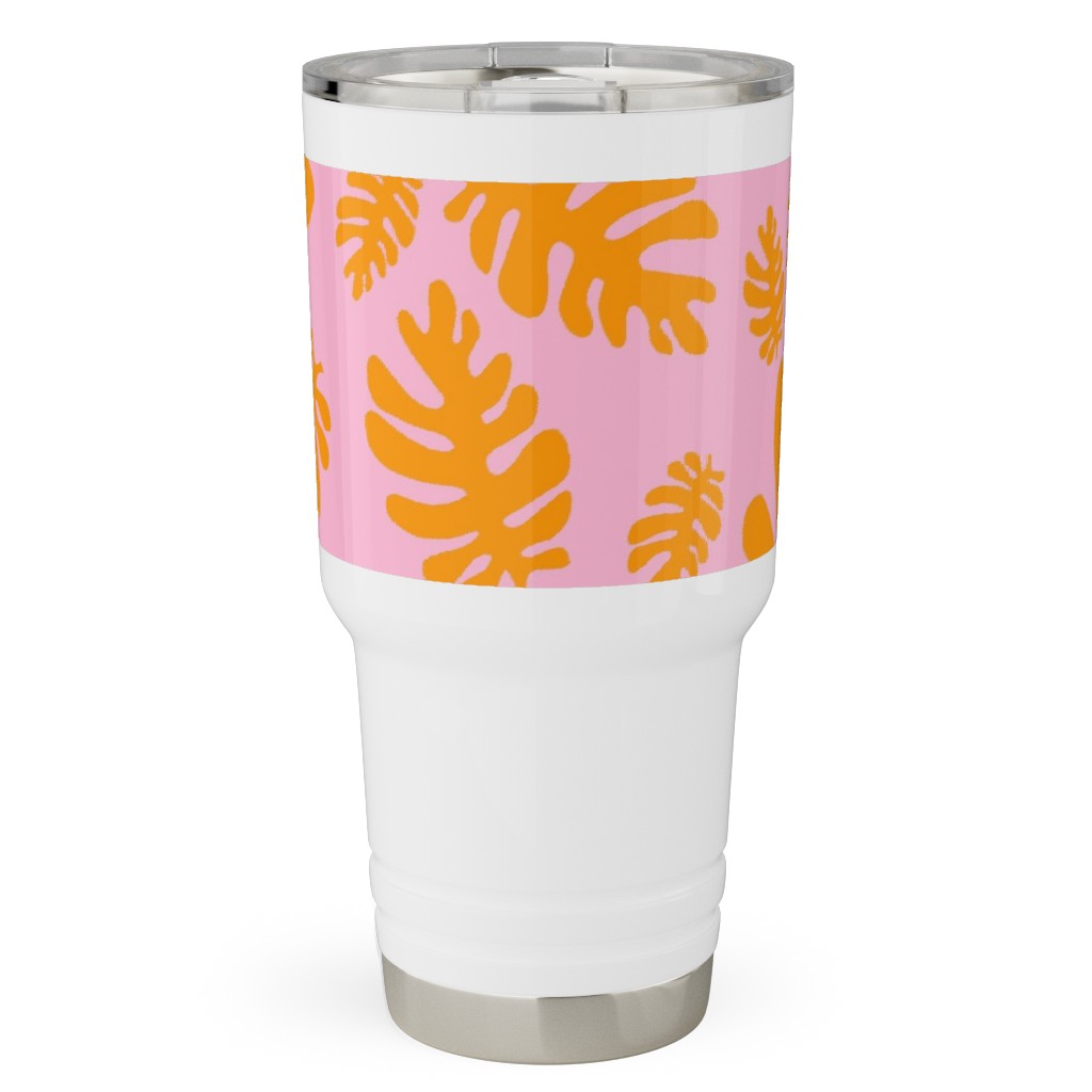 Funky Tropical Leaf - Orange and Blush Travel Tumbler, 30oz, Pink, Bright Pink