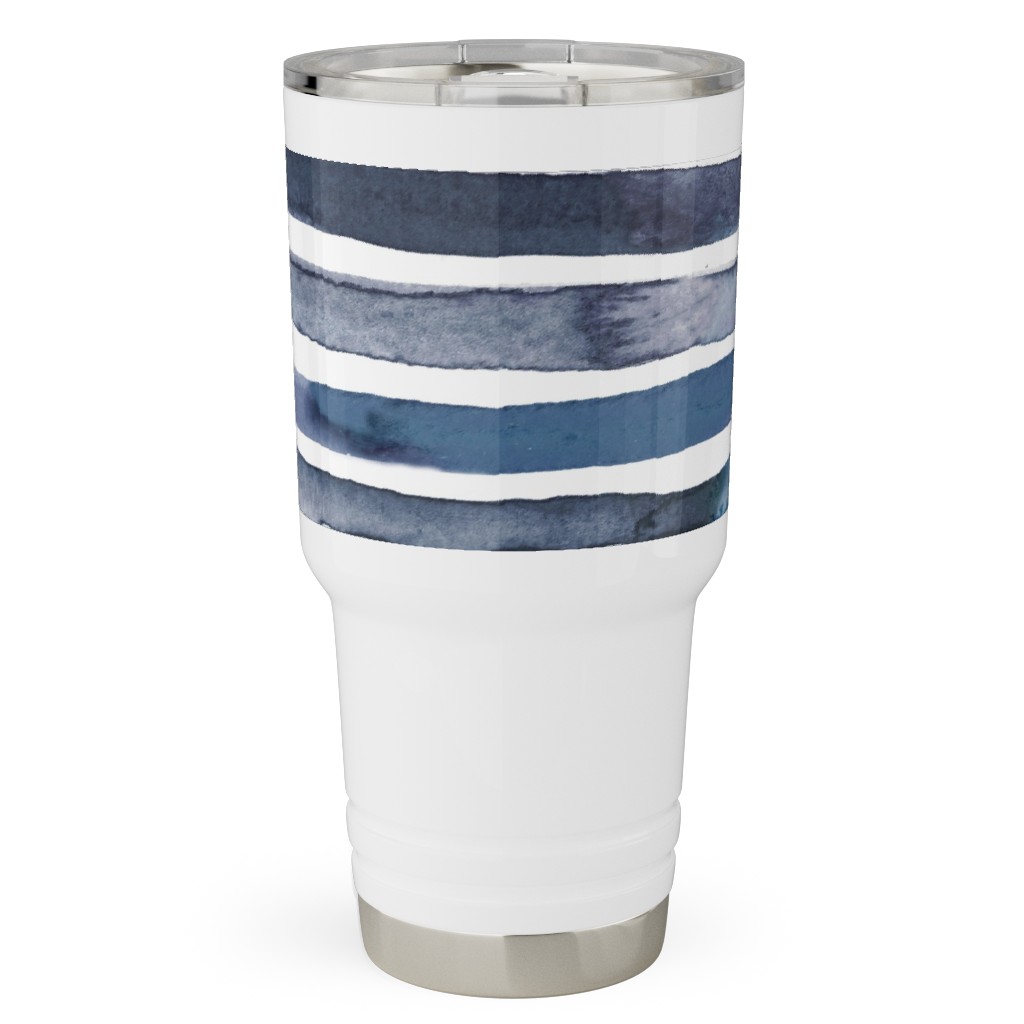Watercolor Stripes - Blue Travel Tumbler, 30oz, Blue, True Blue