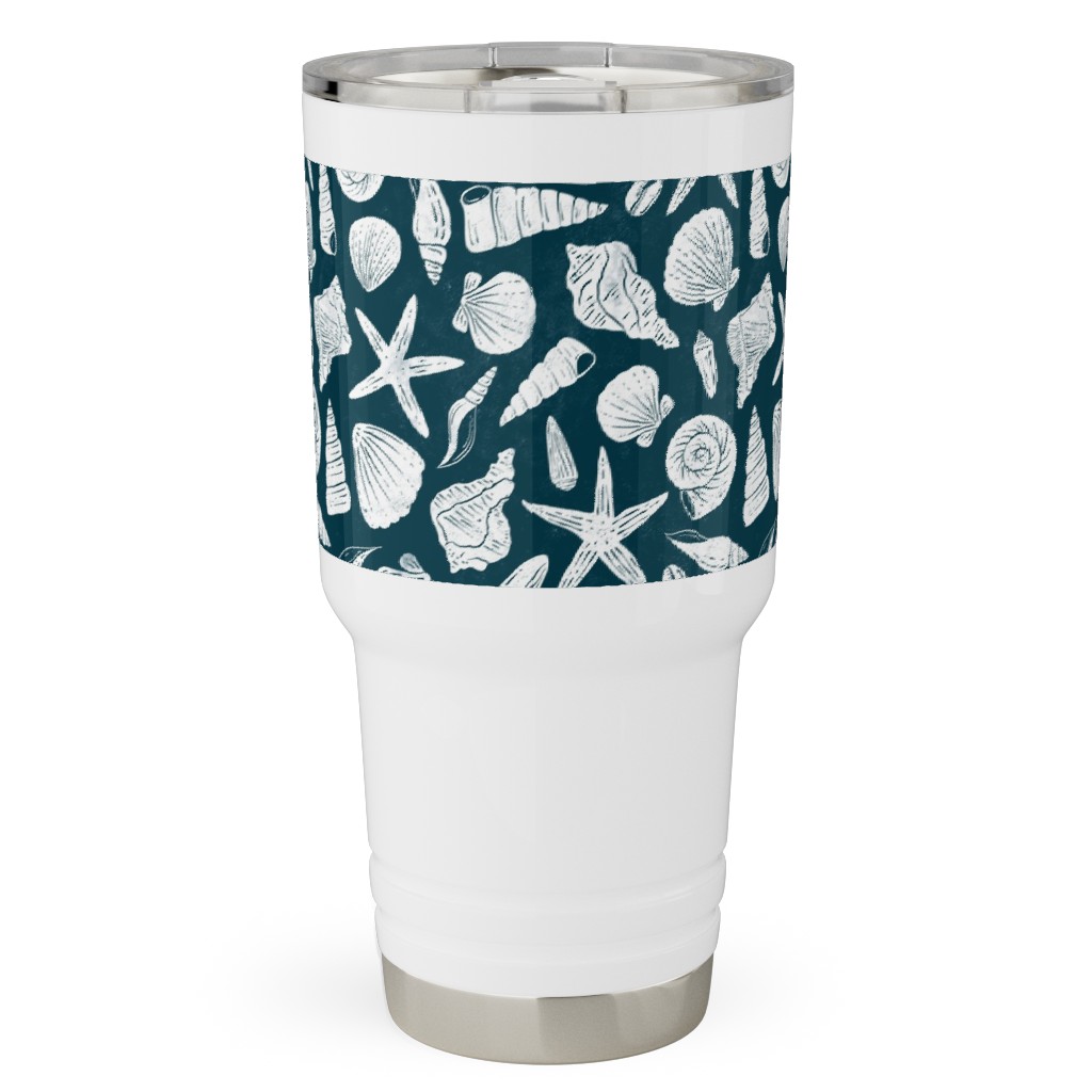 Textured Ocean Seashells - Dark Blue and Cream Travel Tumbler, 30oz, Blue