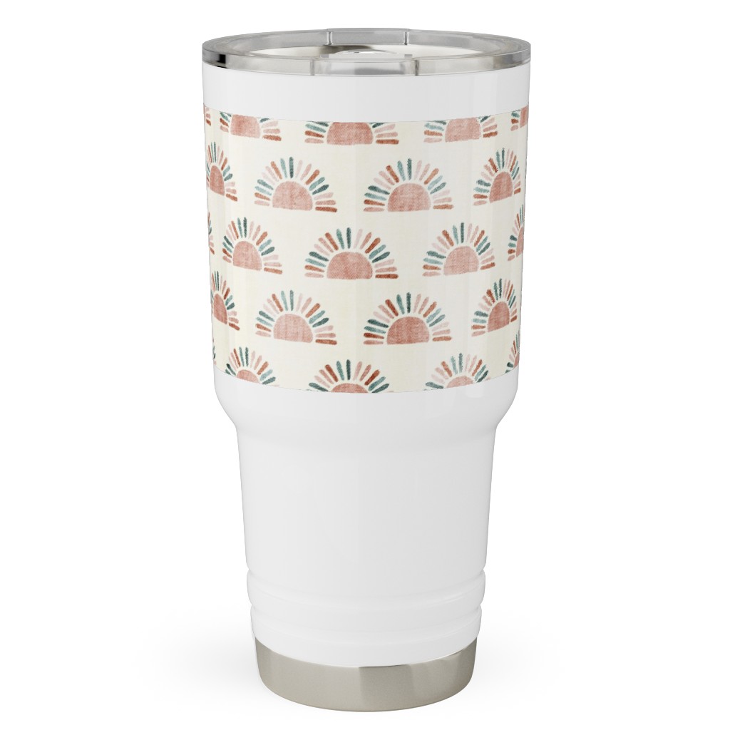 Sunshine - Block Print Boho Sun Print - Dusty Pink/Blue/Teracotta Travel Tumbler, 30oz, Pink